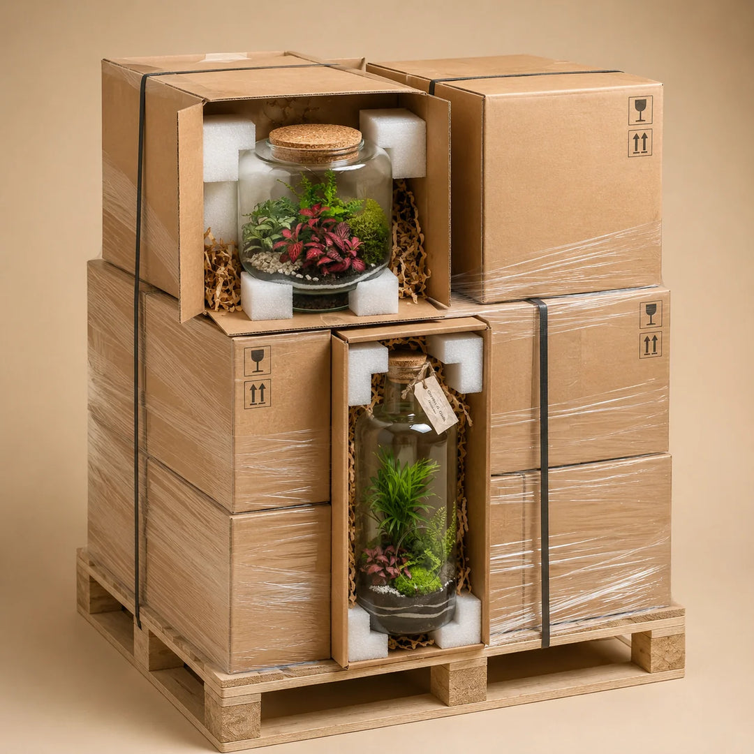 Spedizione su pallets di terrarium in vetro di piante verdi