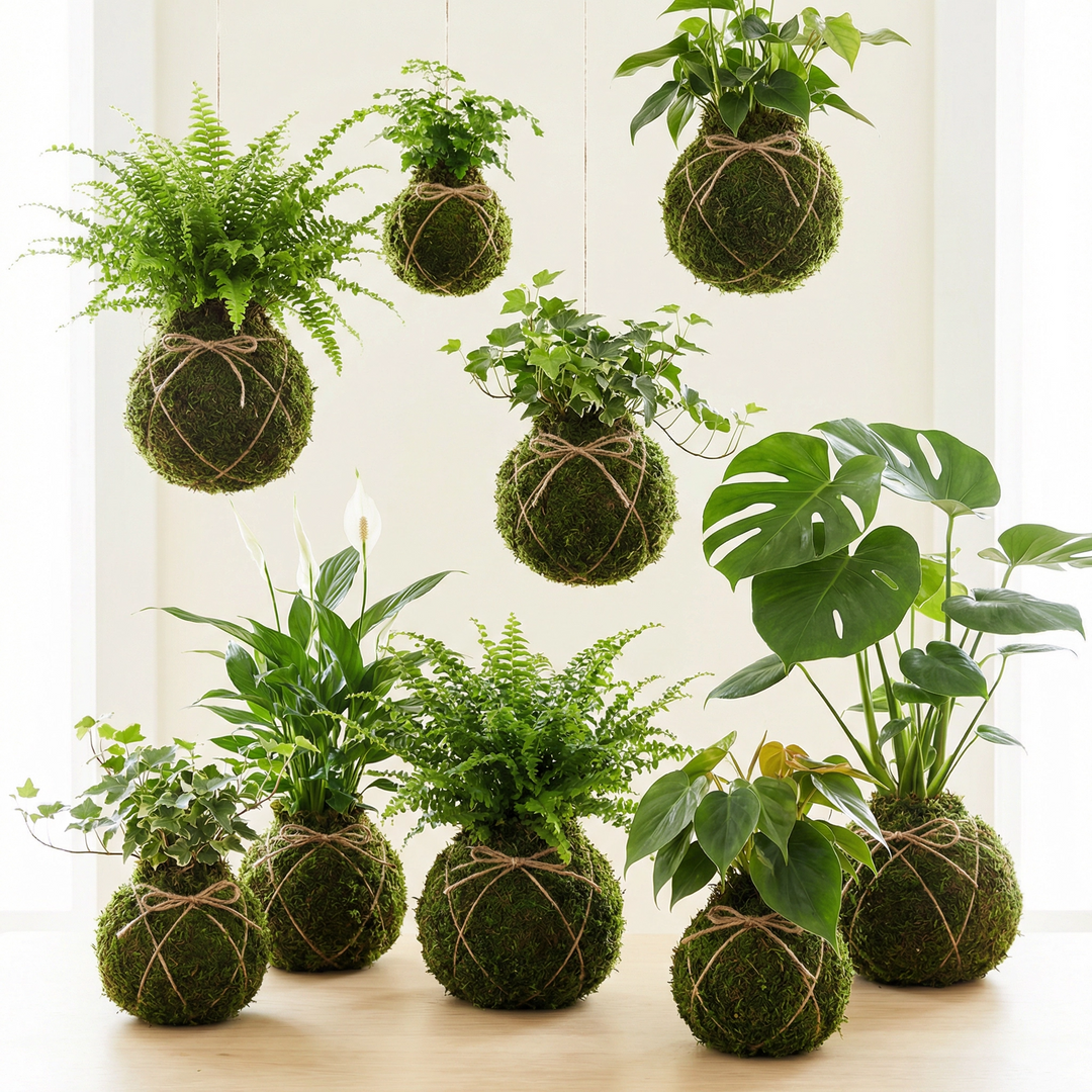 L'immagine mostra un giardino verticale caratterizzato da Kokedama, una tecnica giapponese di piante senza vaso.