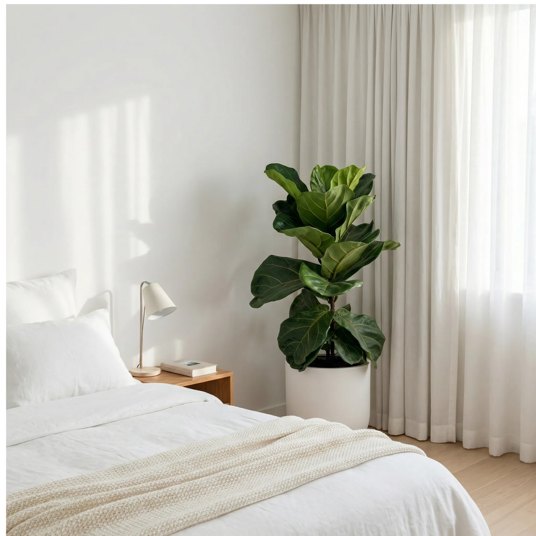 Ficus Lyrata 90 cm - in vaso bianco in camera da letto luminosa, vista laterale