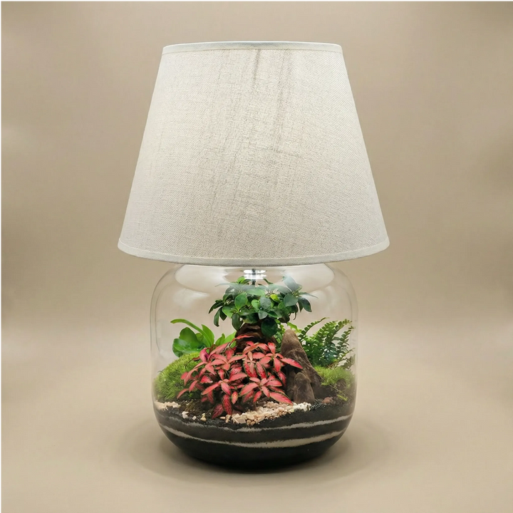 Lamparium Martina 23.5x47cm con bonsai, fittonia rosa, felce e muschio, paralume bianco