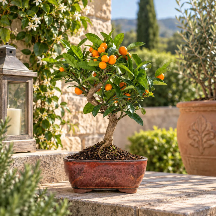 Bonsai Citrus Kinzu di 7 anni con chioma verde e piccoli frutti arancioni, in vaso bonsai color terracotta ambientato in giardino