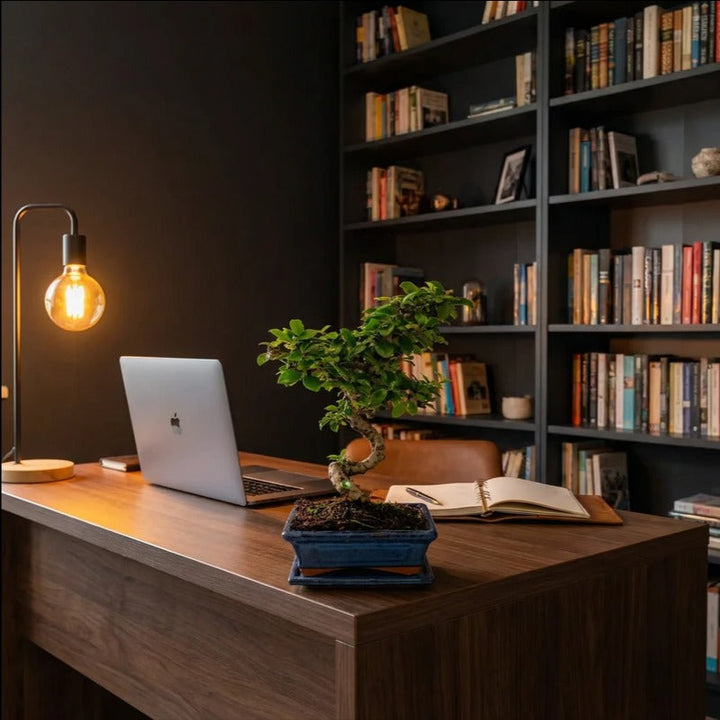 Bonsai Carmona Microphylla - albero del tè di Fukien con chioma compatta e tronco curvo in vaso blu su scrivania moderna.