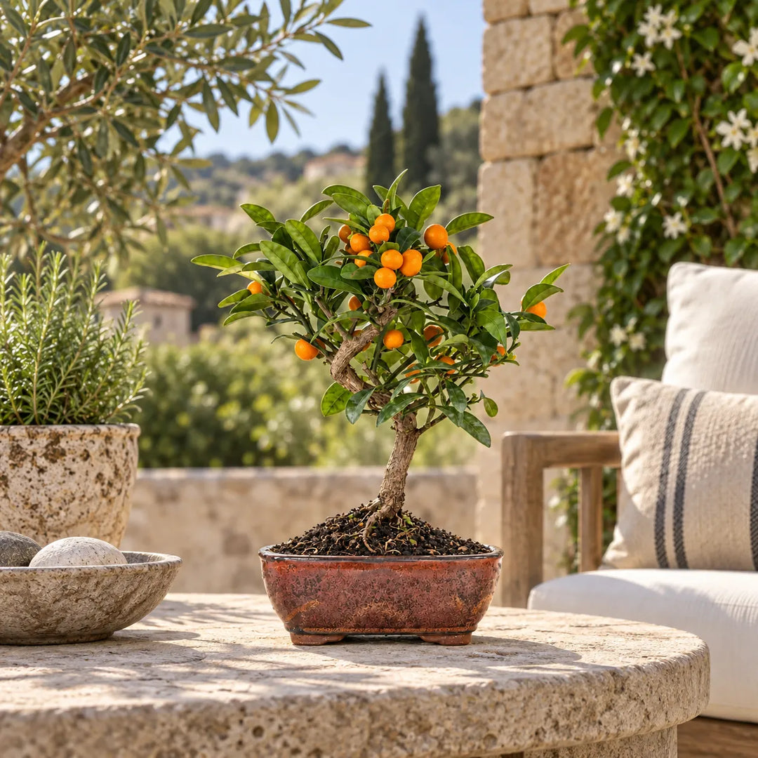 Bonsai Citrus Kinzu di 7 anni con piccoli frutti arancioni, chioma verde e vaso bonsai color terracotta, ambientato all&