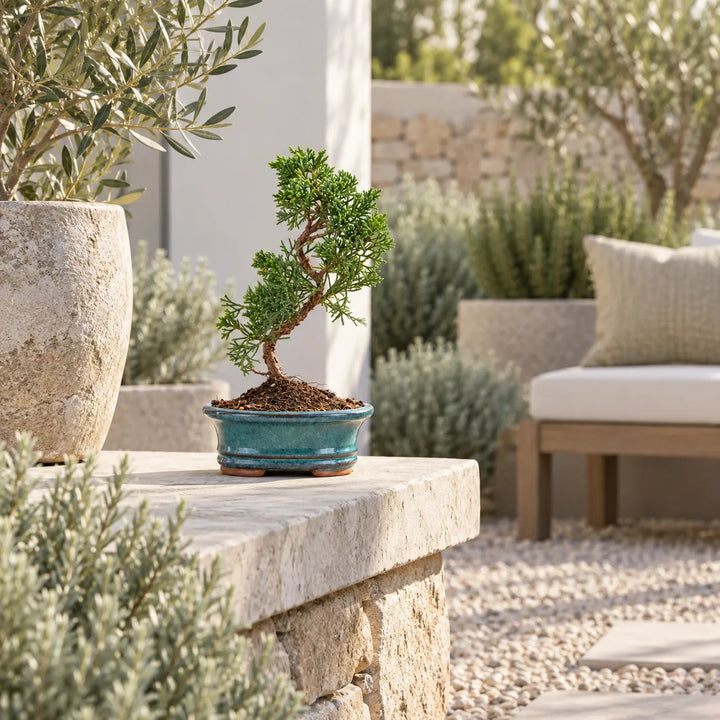 Bonsai Juniperus Chinensis Kyushu di 7 anni con chioma verde e tronco sinuoso, in vaso di ceramica verde ambientato all&