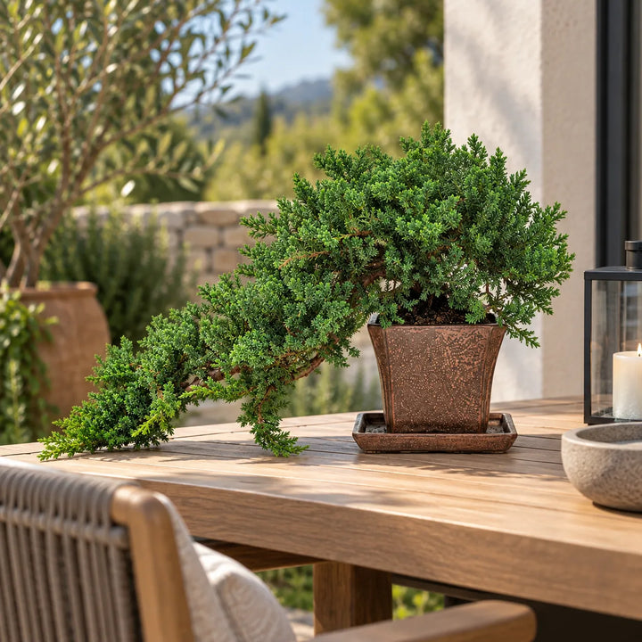 Bonsai Juniperus Procumbens di 14 anni con caratteristica chioma ricadente, ambientato su tavolo in legno all&
