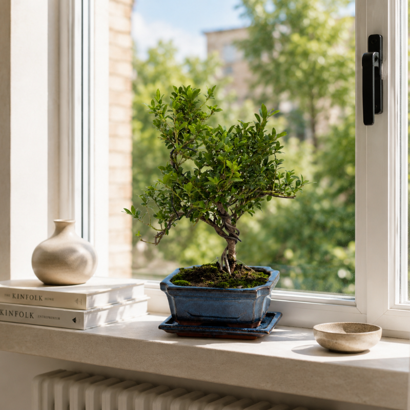 Bonsai verde in vaso blu posizionato su davanzale bianco davanti a una grande finestra con vista esterna sfocata e illuminazione naturale intensa.