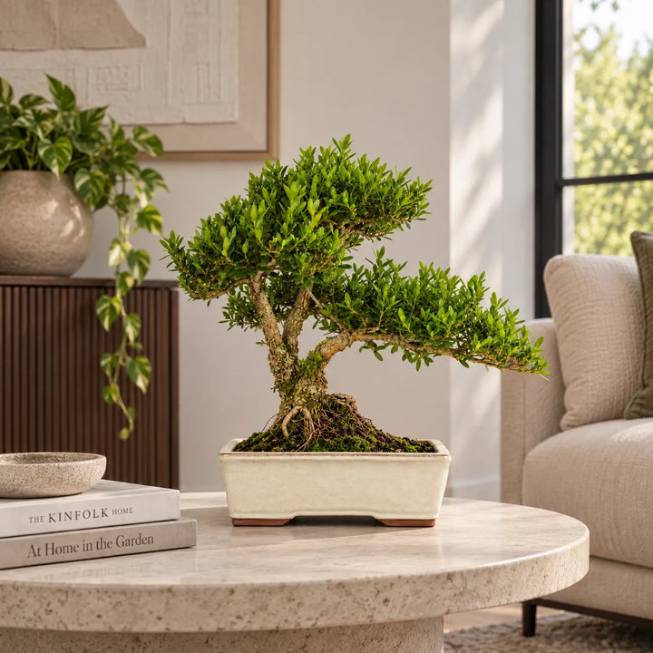 Bonsai con chioma verde modellata e vaso rettangolare chiaro, posizionato su tavolino in un salotto moderno e luminoso