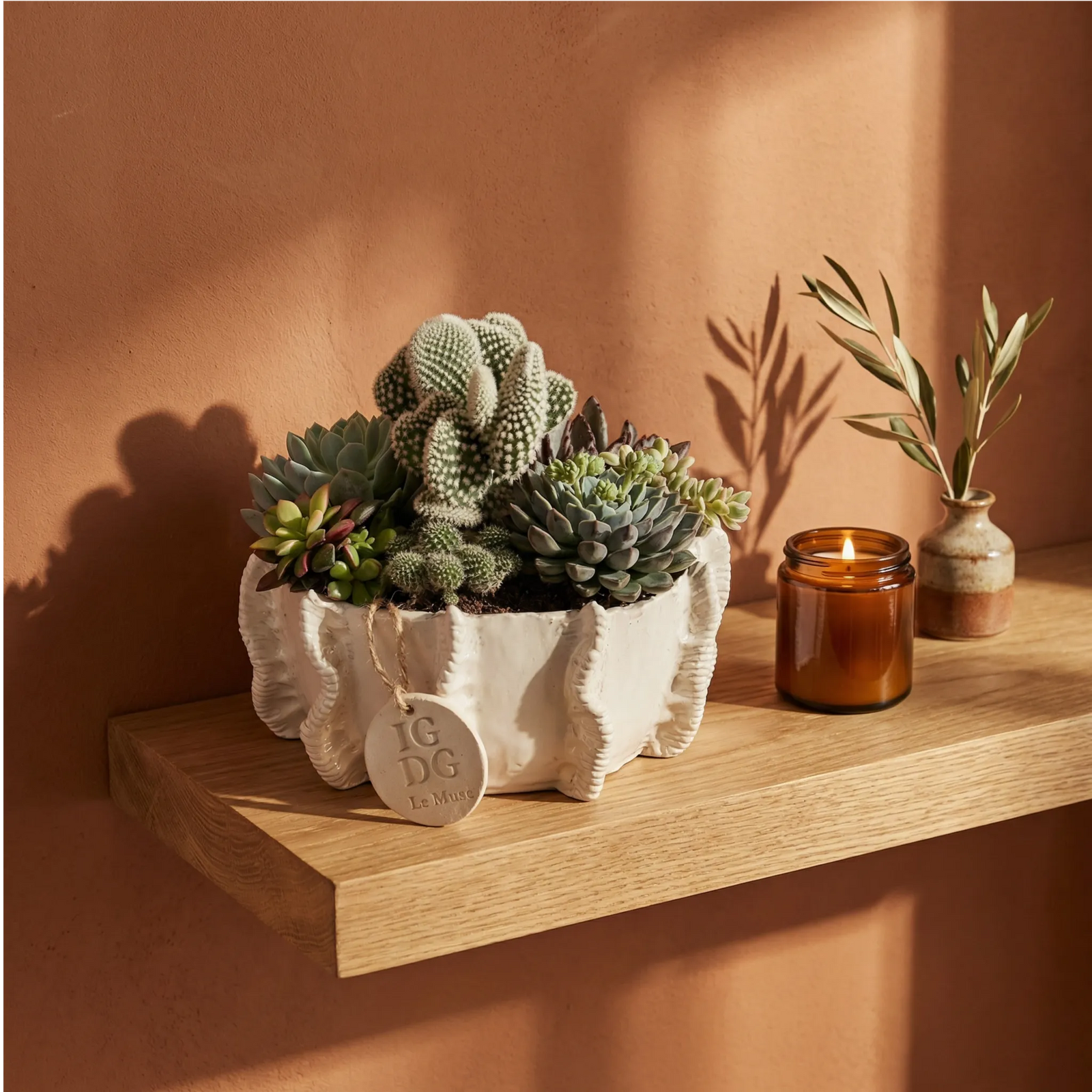 Composizione di piante grasse e cactus in vaso decorativo IGDG Le Muse posizionata su mensola in legno con candela accesa, ideale come centrotavola o complemento d’arredo moderno per interni.