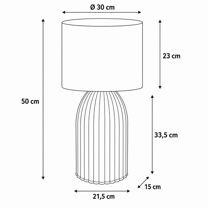 Schema tecnico del lume artigianale Caldera con paralume cilindrico in juta naturale, altezza totale 50 cm e diametro paralume 30 cm.