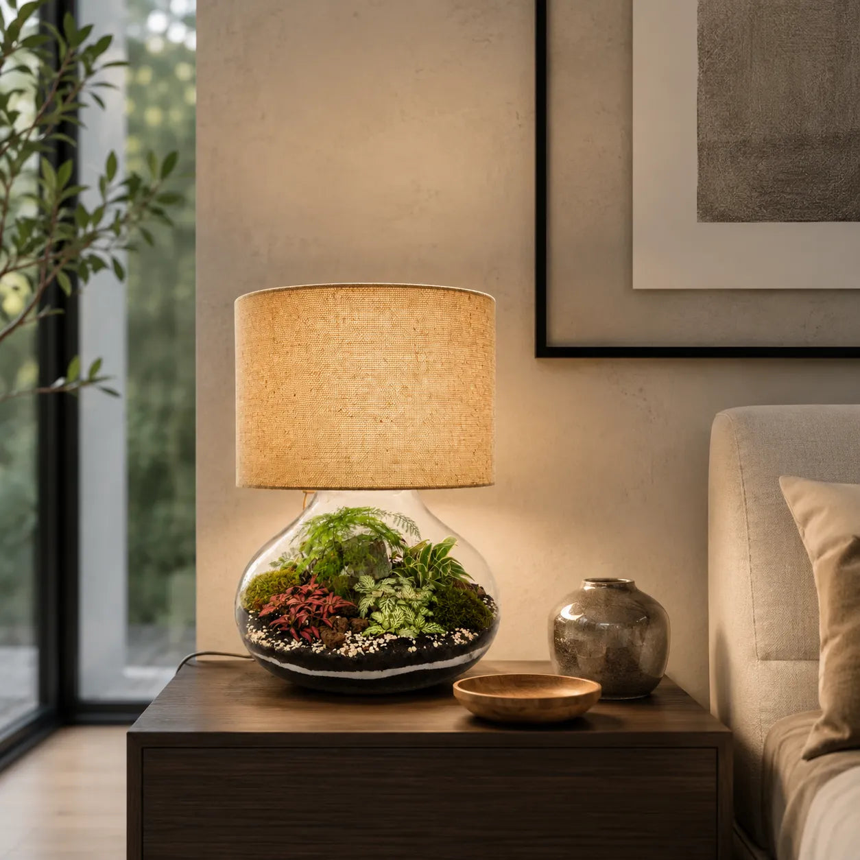 Lamparium Flora XXL acceso con paralume in juta che illumina delicatamente un comodino moderno, valorizzando il terrarium con piante tropicali.