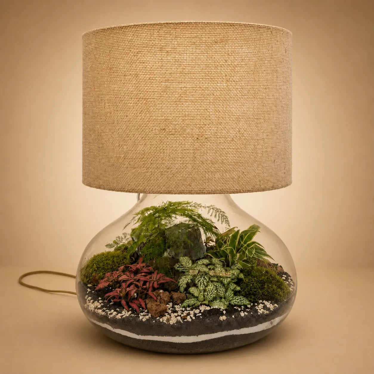 Lamparium Flora XXL acceso con paralume in juta naturale e terrarium artigianale in vetro contenente Fittonia, Felce, muschio e piante tropicali. Lampada da tavolo di design ideale per soggiorno, camera da letto o ingresso moderno.
