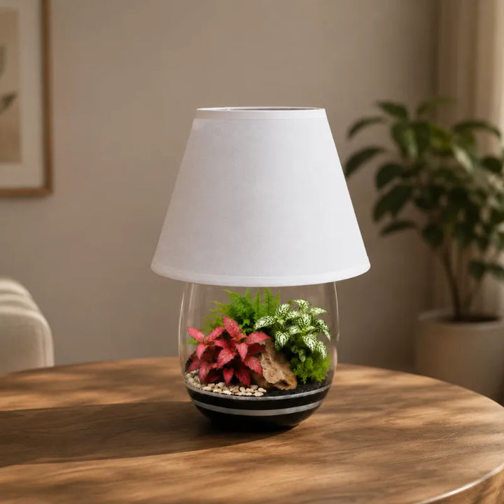 Terrarium Lamparium Oasi Lux Elegant con piante tropicali decorative posizionato su tavolo da soggiorno moderno come elemento d&
