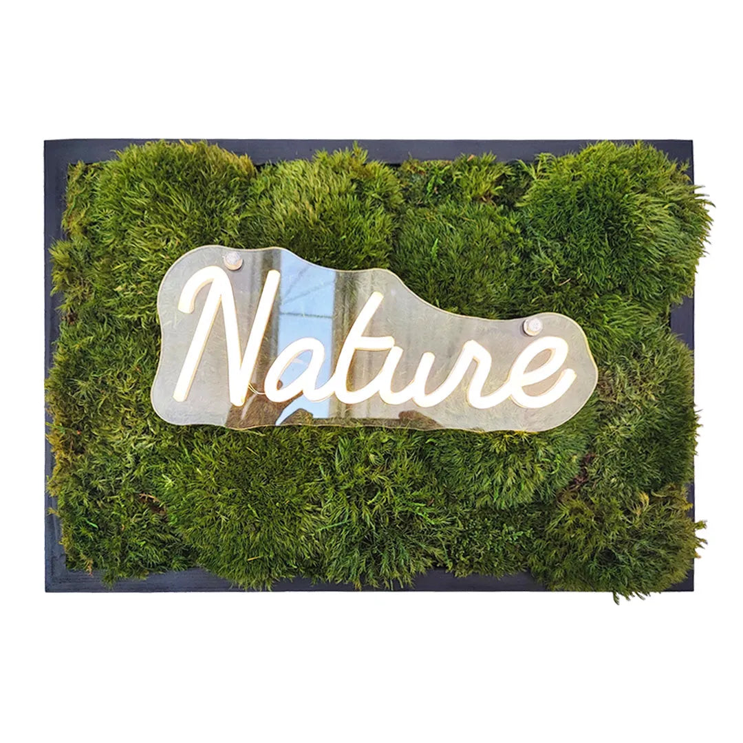 Quadro muschio stabilizzato LED - quadro rettangolare 50x35 cm con muschio verde e scritta Nature illuminata su sfondo neutro