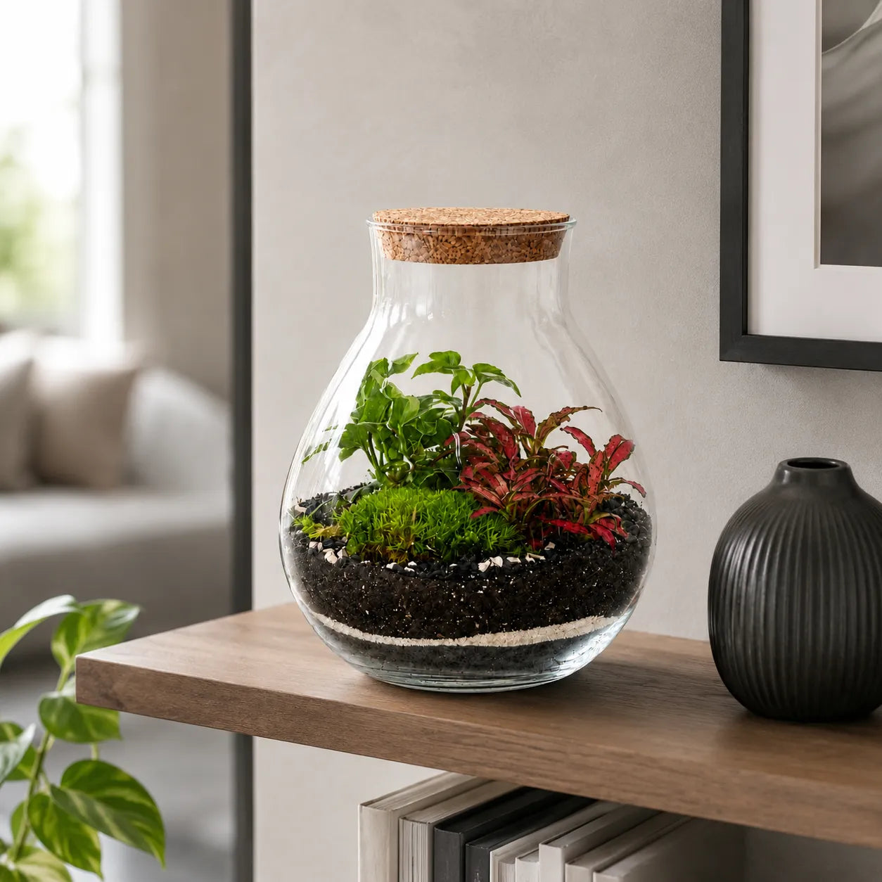 Terrarium Inside in vetro con tappo in sughero, piante tropicali verdi e Fittonia rossa, ambientato su un mobile in legno in un soggiorno moderno luminoso.