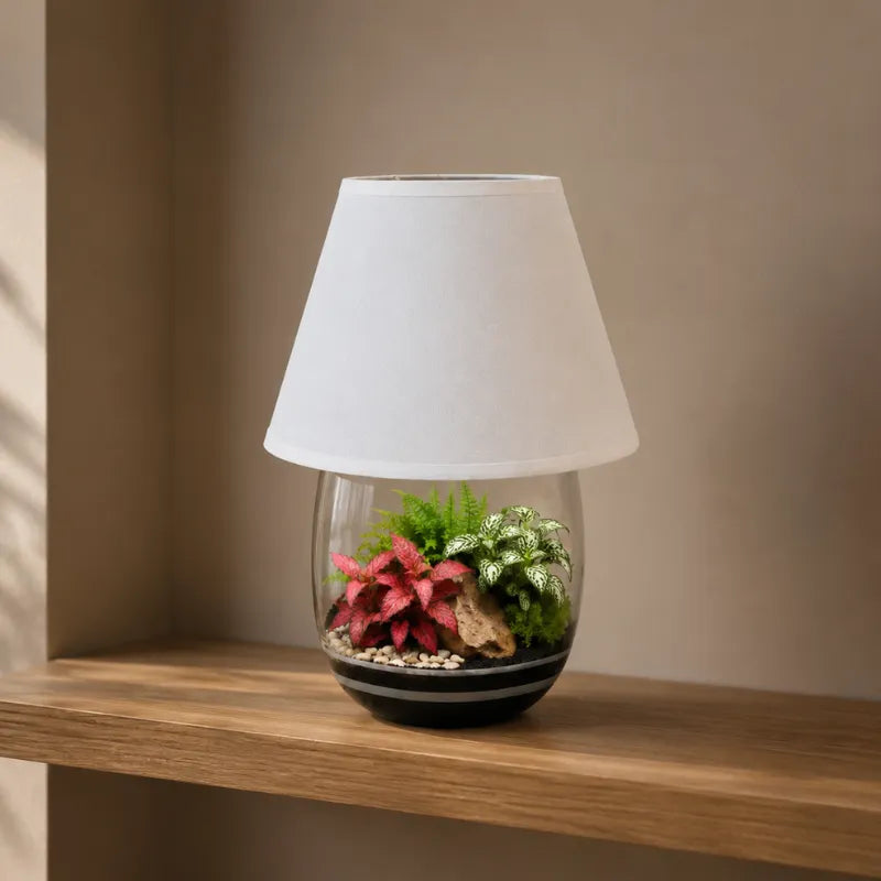 Terrarium Oasi Lux Elegant inserito in una lampada da tavolo con paralume bianco, perfetto per mensole, librerie e arredamento d&
