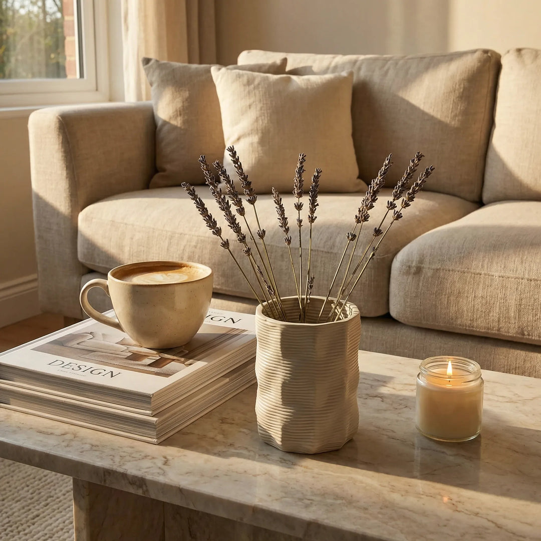 Vaso in ceramica beige con texture ondulata su sfondo neutro minimal
