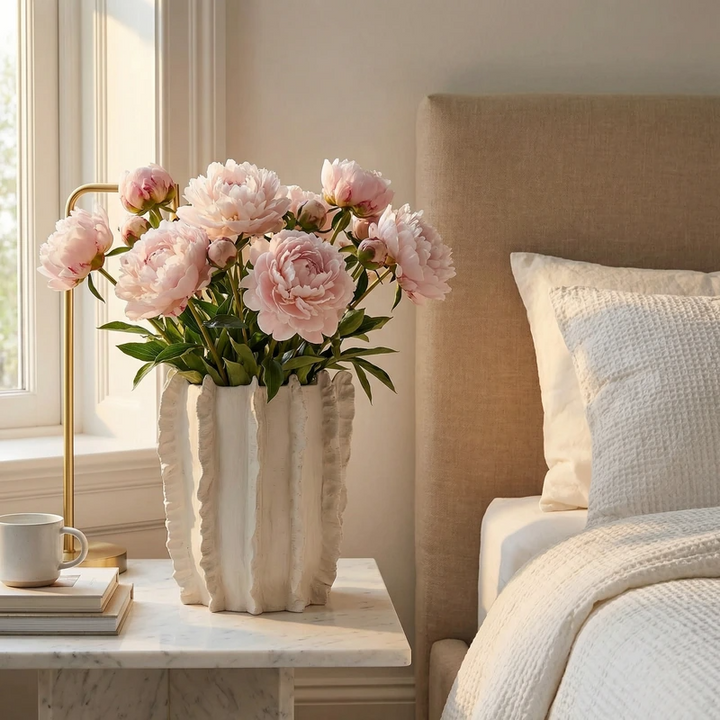 Vaso alto con peonie rosa su comodino accanto al letto in ambiente luminoso