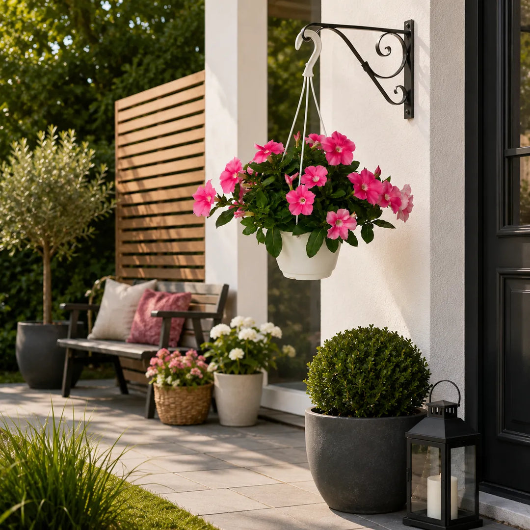 Basket sospeso con Vinca pendula rosa installato su una veranda moderna, ideale per creare angoli fioriti all&