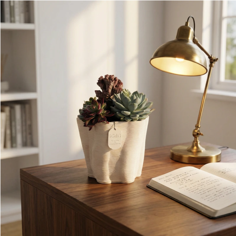 Composizione di piante grasse succulente in vaso decorativo posizionata su scrivania in legno in studio luminoso.