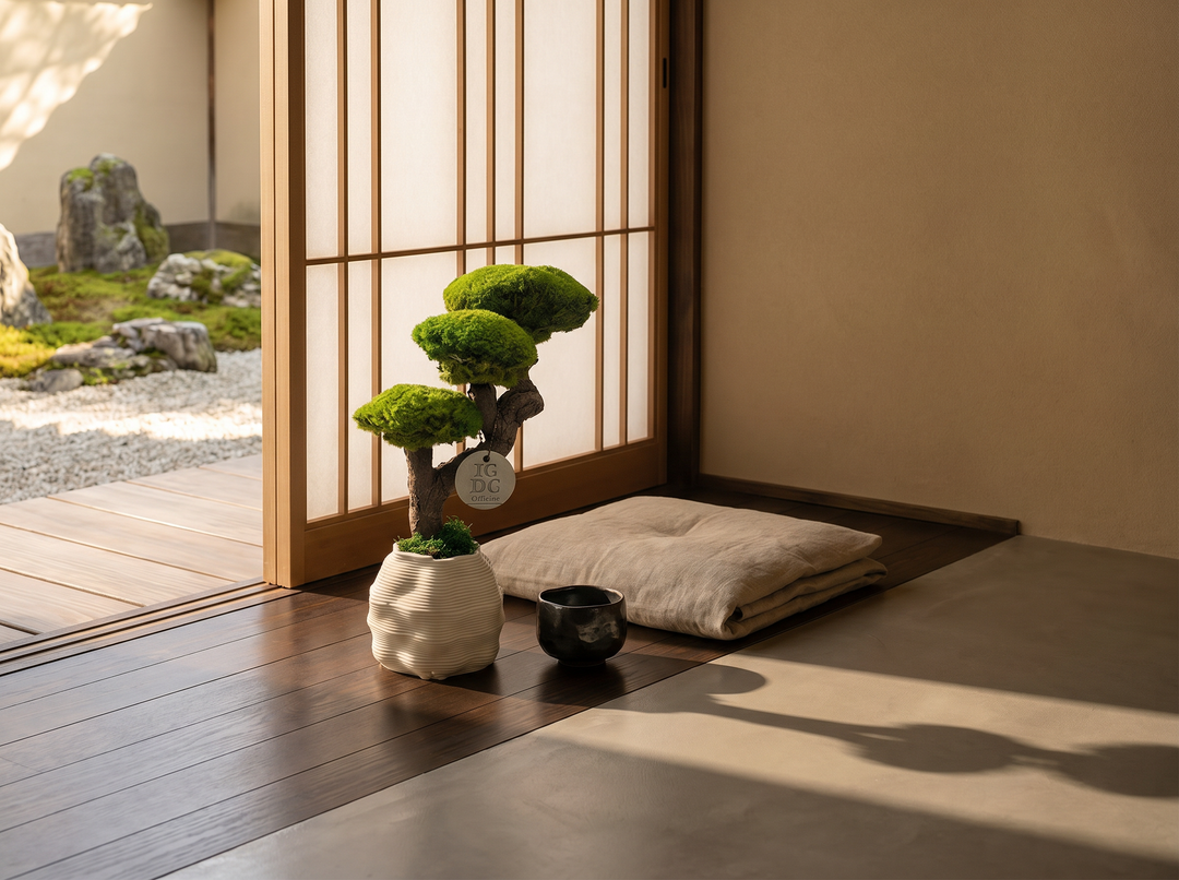 Bonsai Kumori 35 cm su engawa, veranda in stile giapponese — composizione naturale con muschio stabilizzato