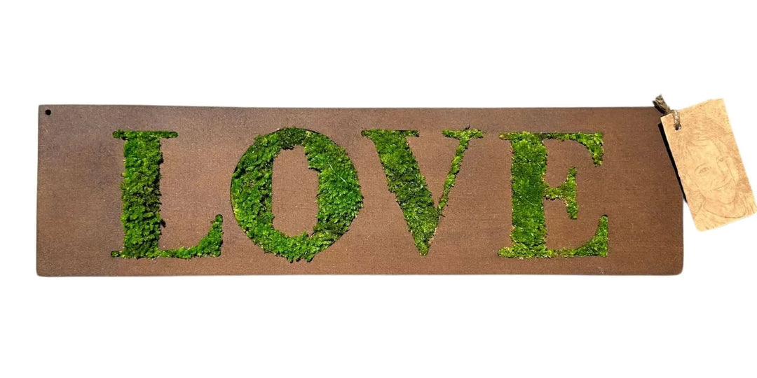 Quadro muschio stabilizzato Love - vista frontale del quadro rettangolare con scritta Love in rilievo su base in legno