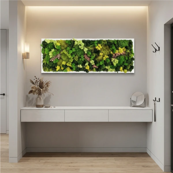 Quadro muschio stabilizzato - set di tre quadri con cornice nera in un salotto elegante