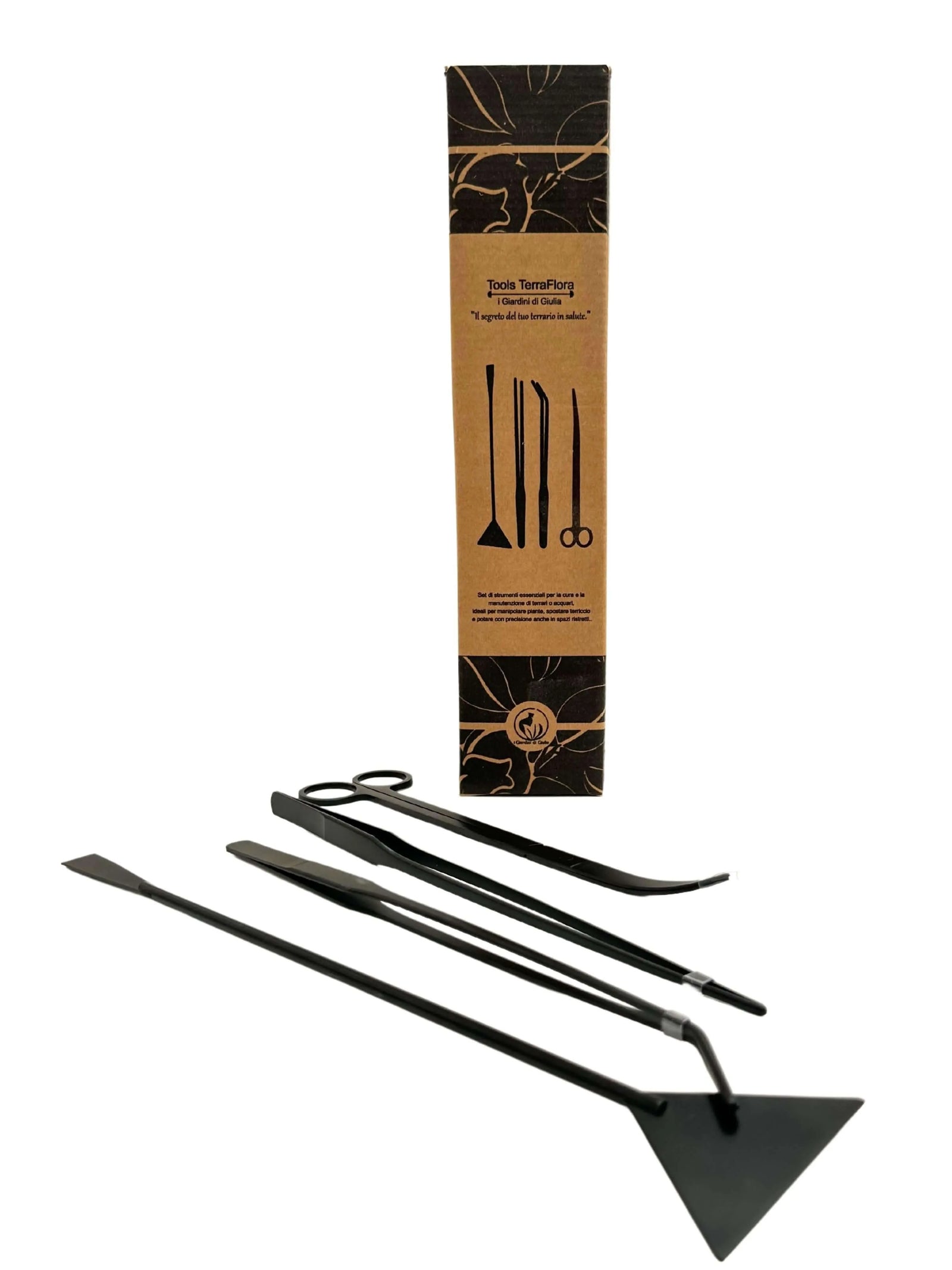 Attrezzi per terrario in acciaio - set ToolsFlora completo su sfondo neutro